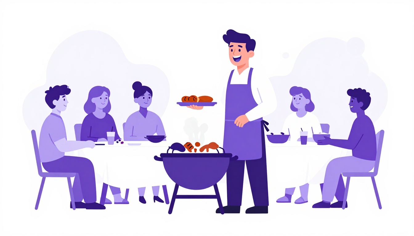 A jolly uncle in an apron serving grilled meat to relatives at a backyard barbecue, the classic tiozão do churrasco