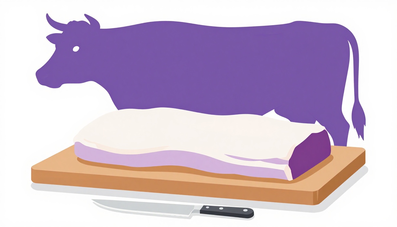 Pieza grande y plana de carne de res cruda con una gruesa capa de grasa, junto a un cuchillo y la silueta de una vaca, para entender de dónde sale el vacío