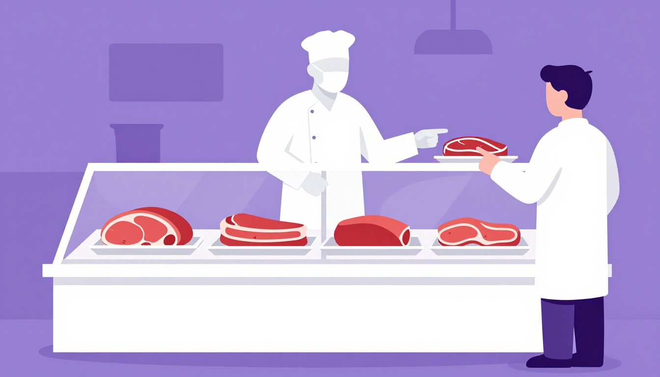 Carnicero detrás de un mostrador de vidrio mientras un cliente señala un corte de carne, una escena típica para pedir vacío en inglés
