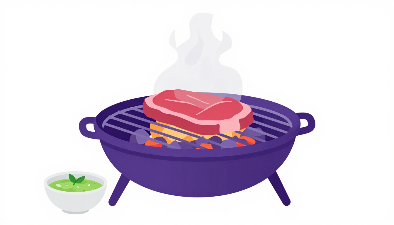 Parrilla con brasas y un corte plano de carne cocinándose, junto a un cuenco con salsa verde, escena típica de un asado con vacío