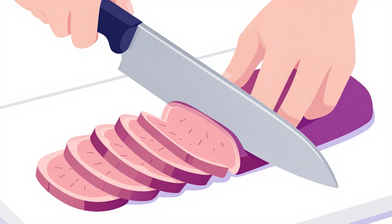 Cuchillo cortando en rebanadas finas un bife de vacío ya cocido, cruzando las fibras de la carne