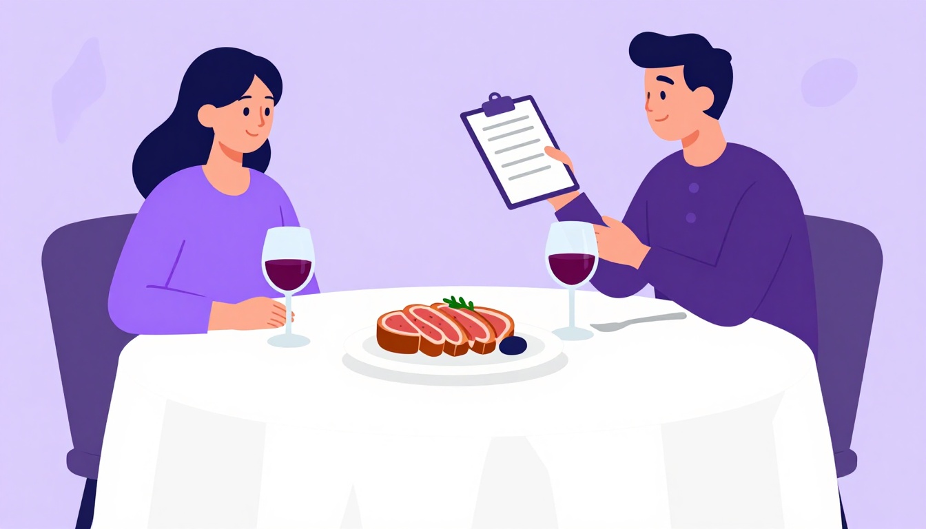 Mesa de restaurante con bife cortado en rebanadas, una copa de vino y un menú, lista para pedir el punto de cocción en inglés