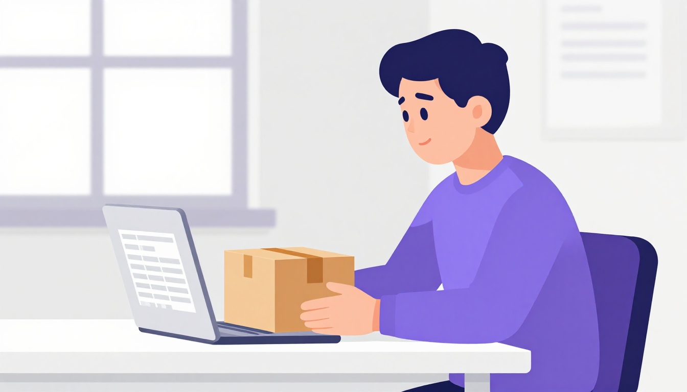 funcionário organizando uma caixa de exportação em um escritório pequeno e simples, laptop com planilha na tela, luz natural pela janela