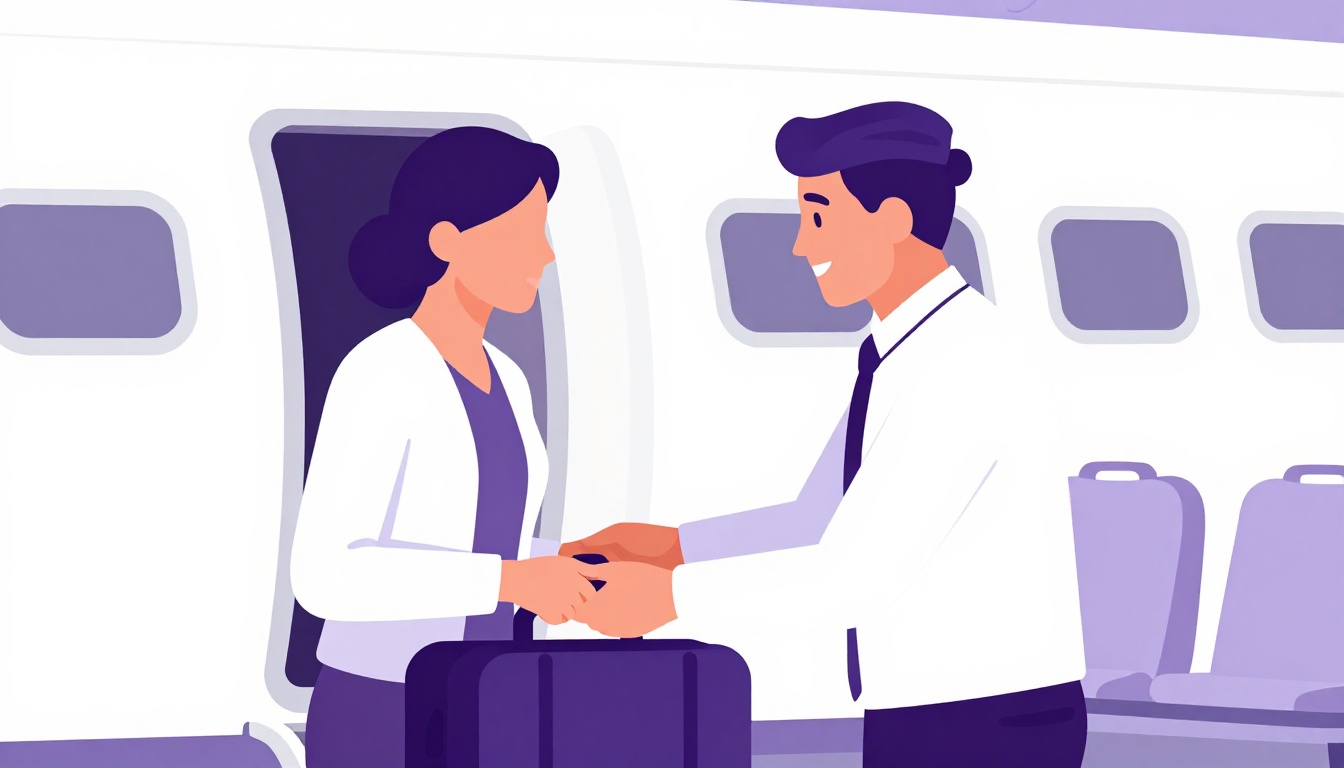 comissária de bordo sorridente cumprimentando passageiro estrangeiro na entrada de um avião com bagagem ao lado