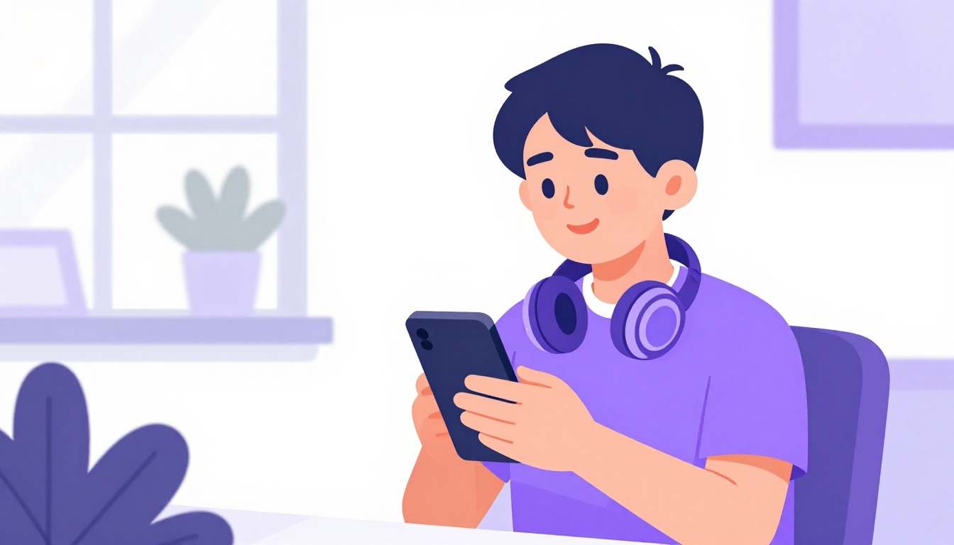 jovem sorrindo enquanto pratica conversação em inglês pelo celular em um ambiente iluminado e tranquilo, fones de ouvido no pescoço