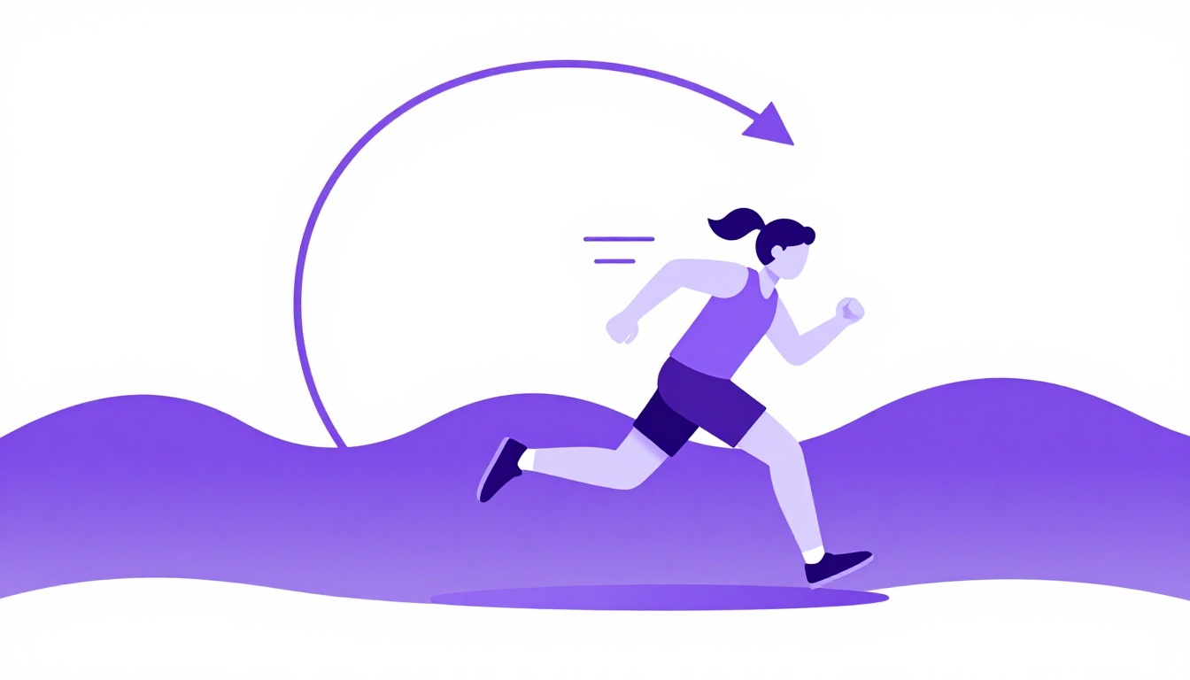 Una persona corriendo con líneas de movimiento y una flecha circular, imagen de be como auxiliar en los tiempos continuos