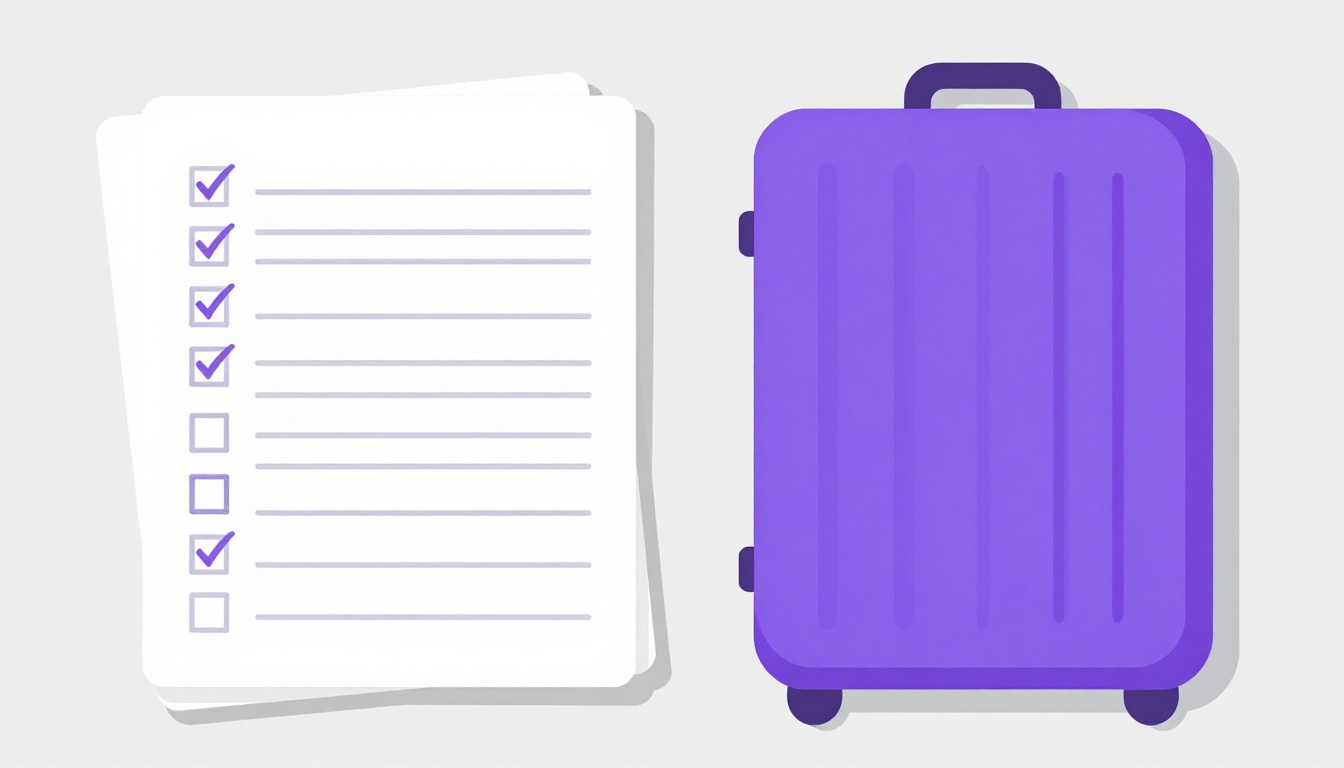 Una lista completada con marcas de verificación junto a páginas de pasaporte selladas, imagen de have como auxiliar en los tiempos perfectos