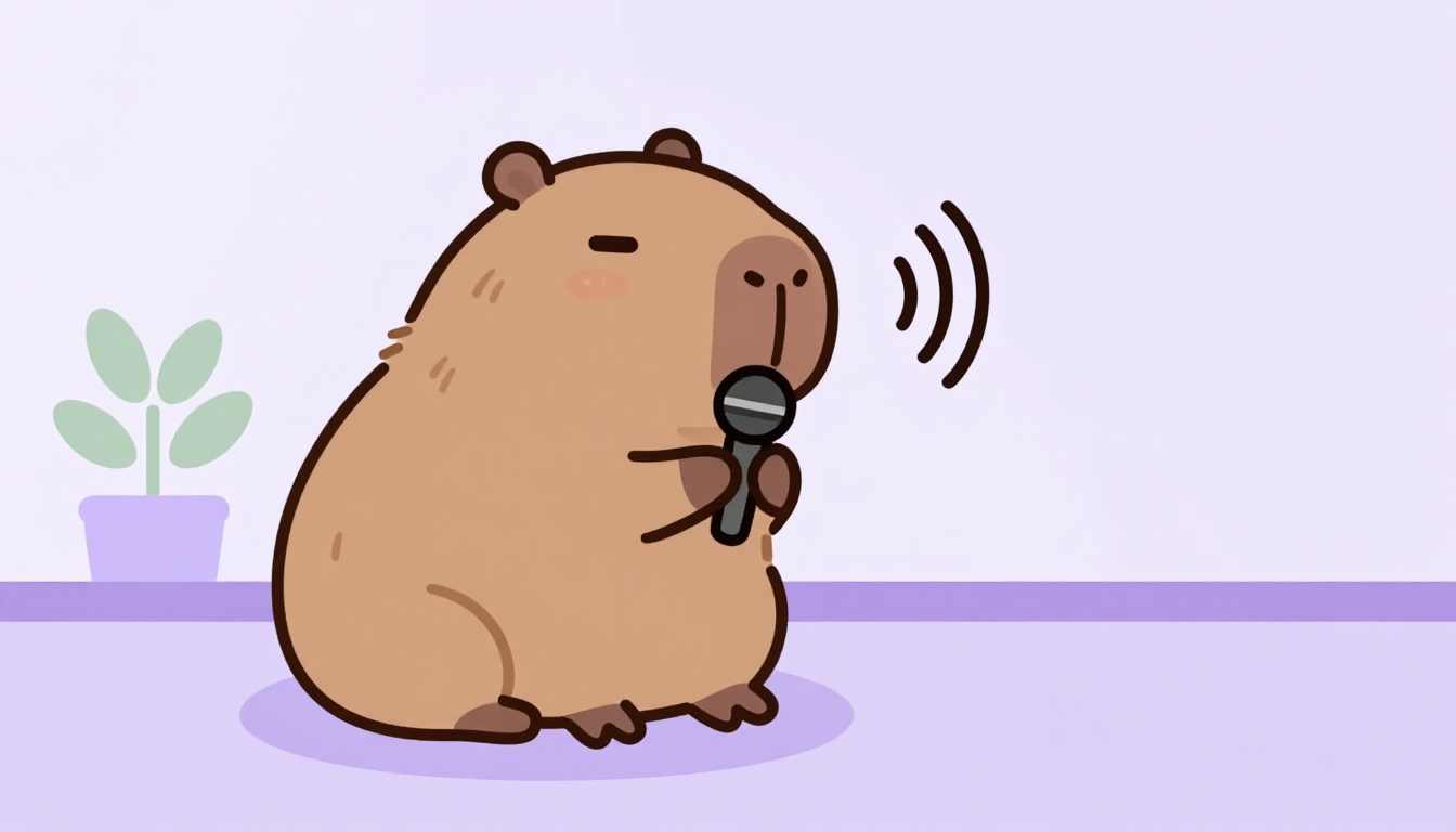 Una capibara con un micrófono y ondas de sonido, imagen de practicar los verbos auxiliares en inglés hablando en voz alta