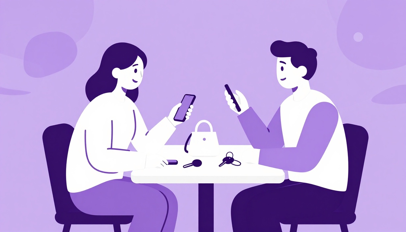 Dos personas conversando de manera informal en un café, una de ellas señalando sus pertenencias sobre la mesa