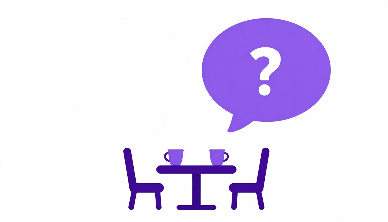 Un bocadillo de diálogo en forma de signo de interrogación flotando sobre una mesa con dos tazas de café