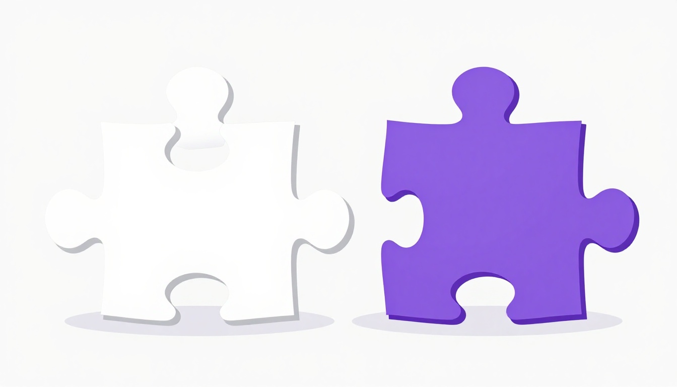 Duas peças de quebra-cabeça lado a lado, uma branca e uma roxa, representando os dois tipos de infinitivo em inglês, o completo e o nulo