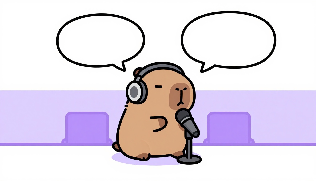 Capy el capibara con unos auriculares y un micrófono, imagen de practicar los verbos estáticos en inglés hablando en voz alta