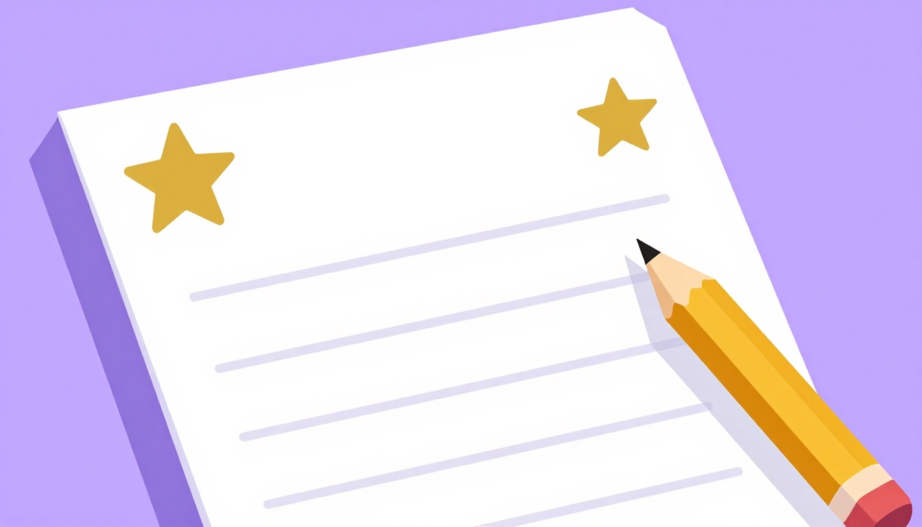 A school notebook page with gold star stickers and a pencil, a picture of a top grade for very good in Portuguese