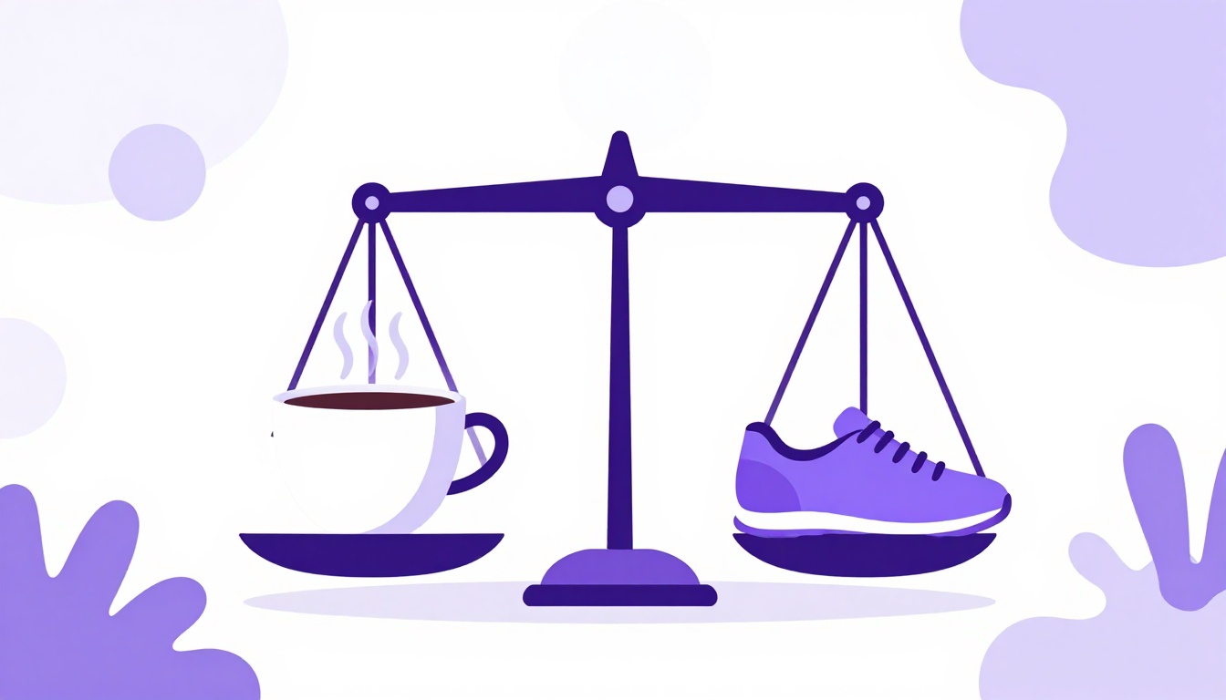 A balance scale with a coffee cup on one side and a running shoe on the other, showing muito bom for things and muito bem for actions