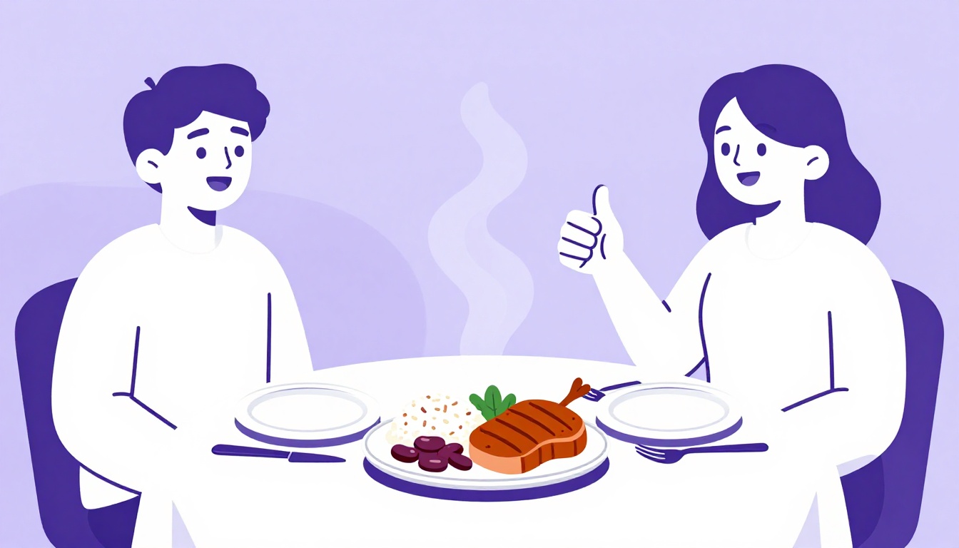 A dinner table with a Brazilian meal of rice, beans, and grilled meat, and a diner giving a thumbs up and smiling