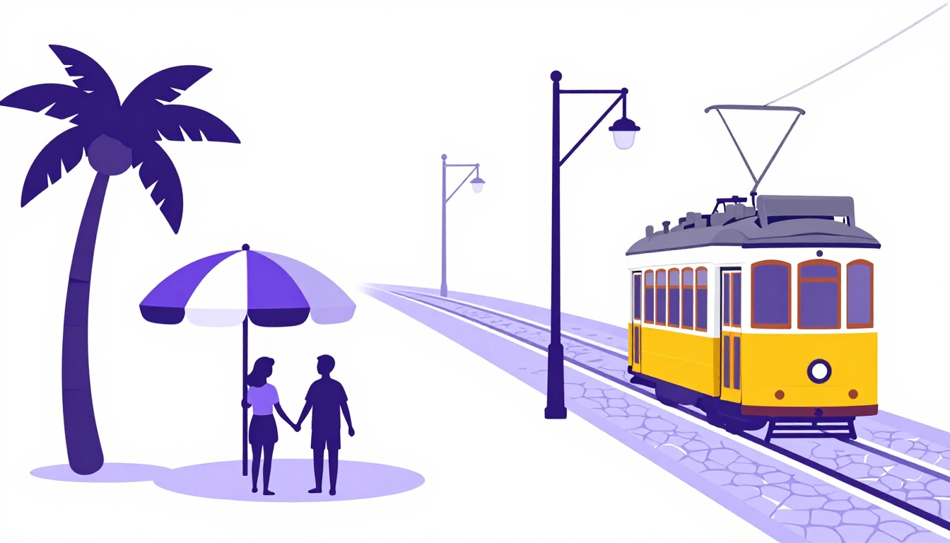 Split scene: a sunny Brazilian beach on one side and a yellow tram climbing a hill in Lisbon on the other