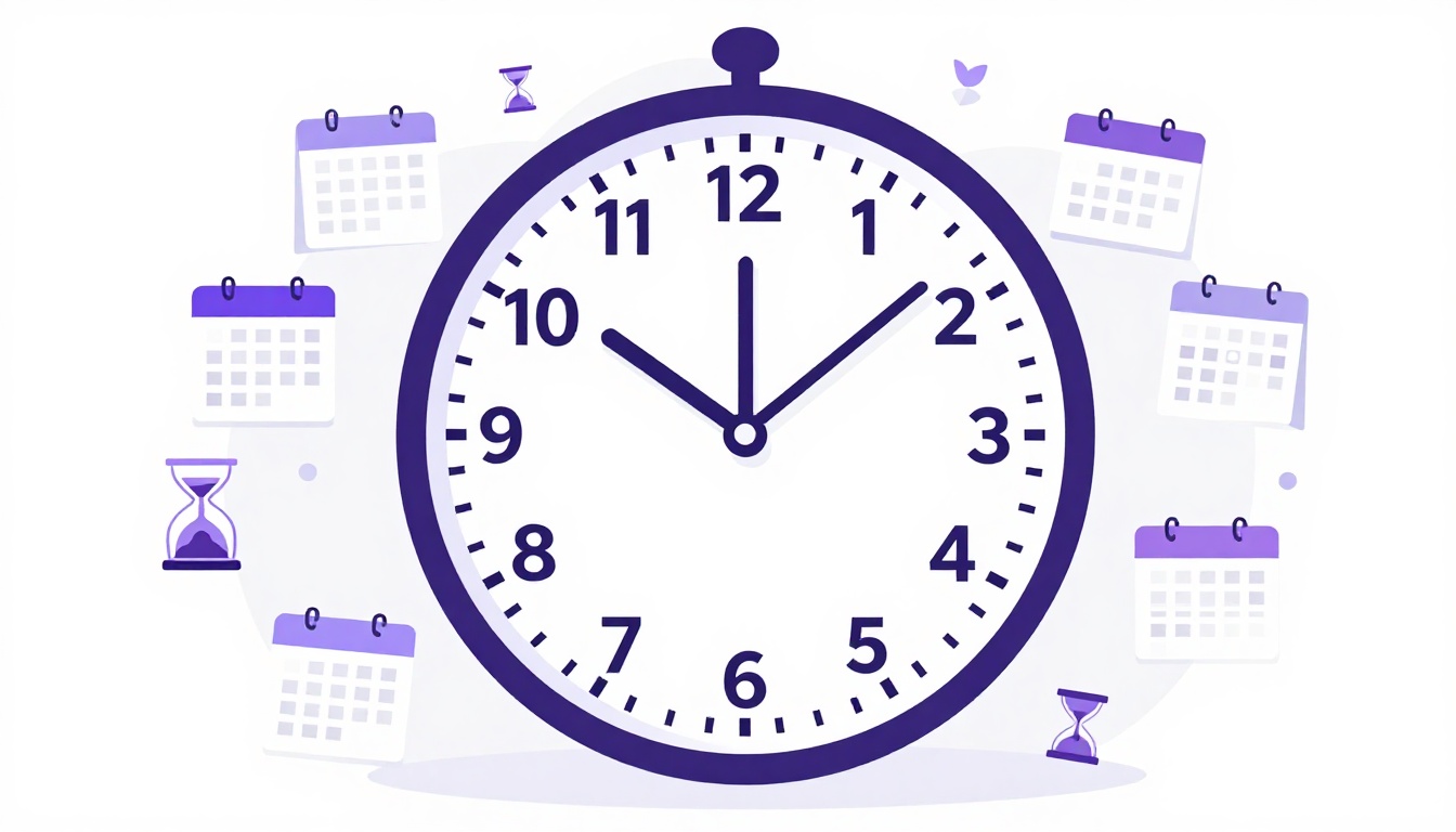 Um grande relógio redondo cercado por páginas de calendário flutuantes e pequenas ampulhetas, representando diferentes momentos no tempo