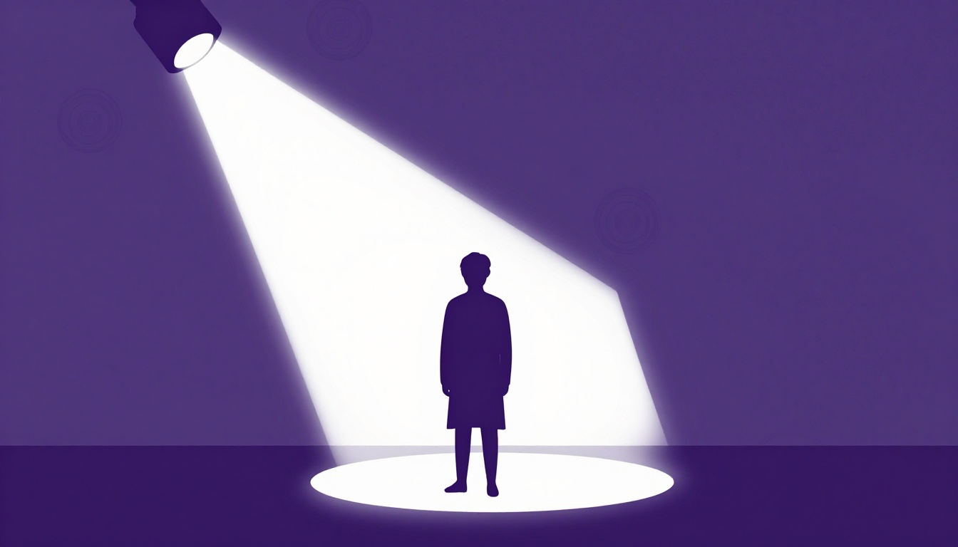 Um holofote iluminando um palco vazio enquanto uma silhueta permanece fora do foco de luz, nas sombras