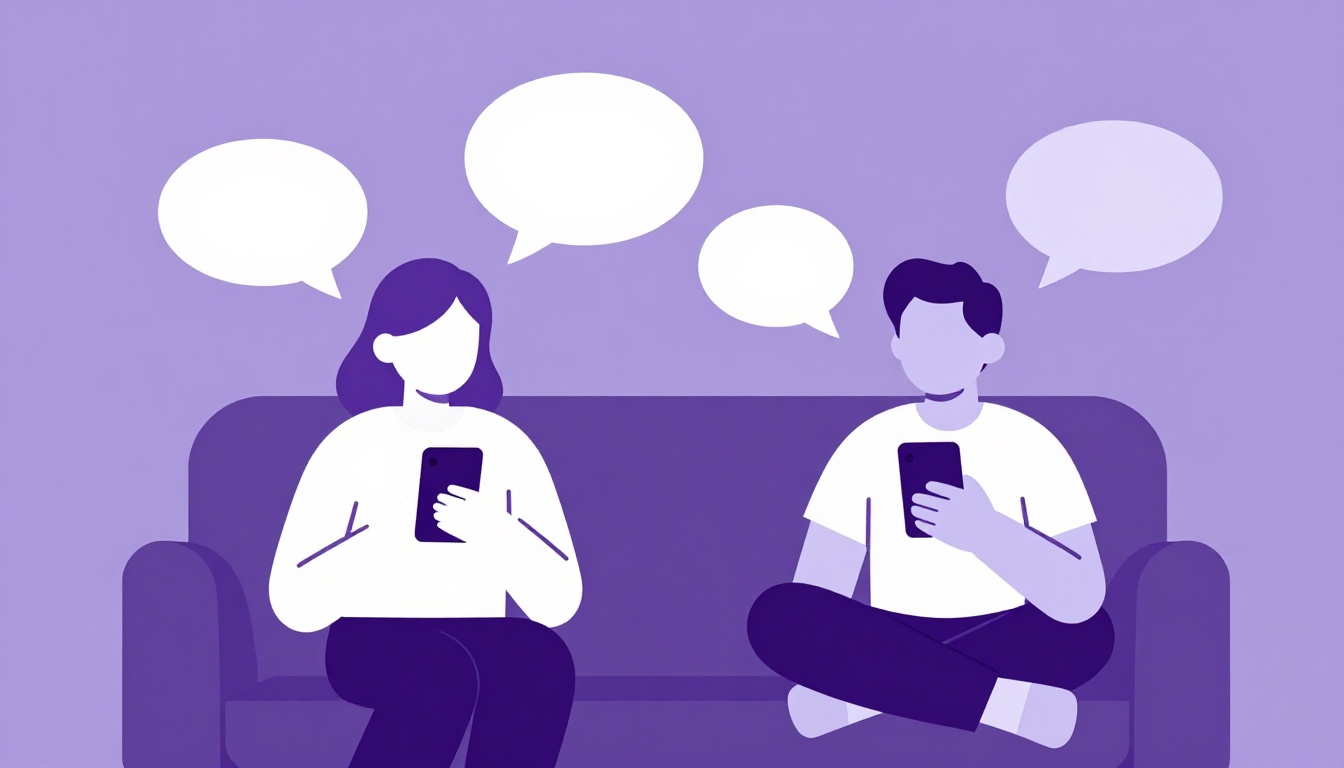 Dois amigos sentados no sofá trocando mensagens no celular, com balões de fala em branco acima deles, cena descontraída
