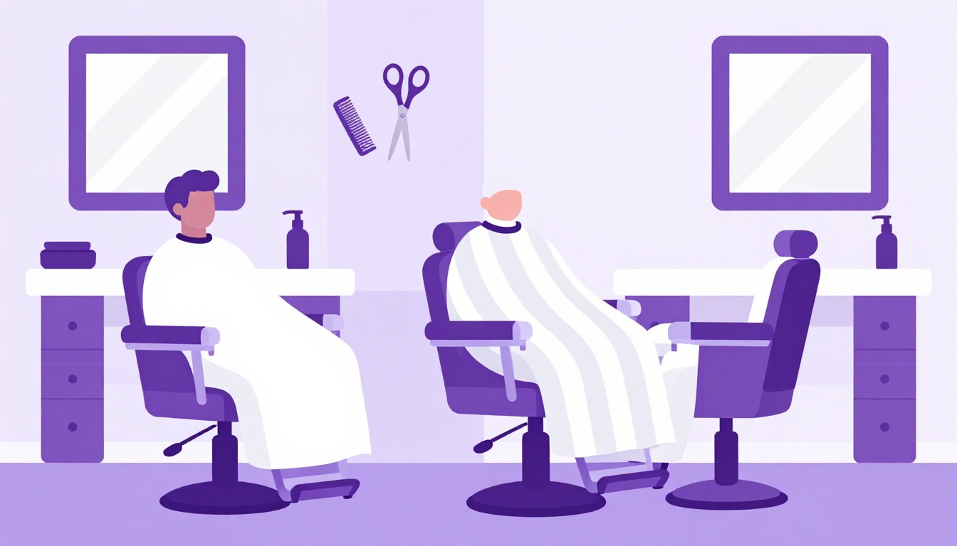 Uma cena de barbearia com tesoura, pente e uma capa pendurada na cadeira, ambiente de serviço aconchegante