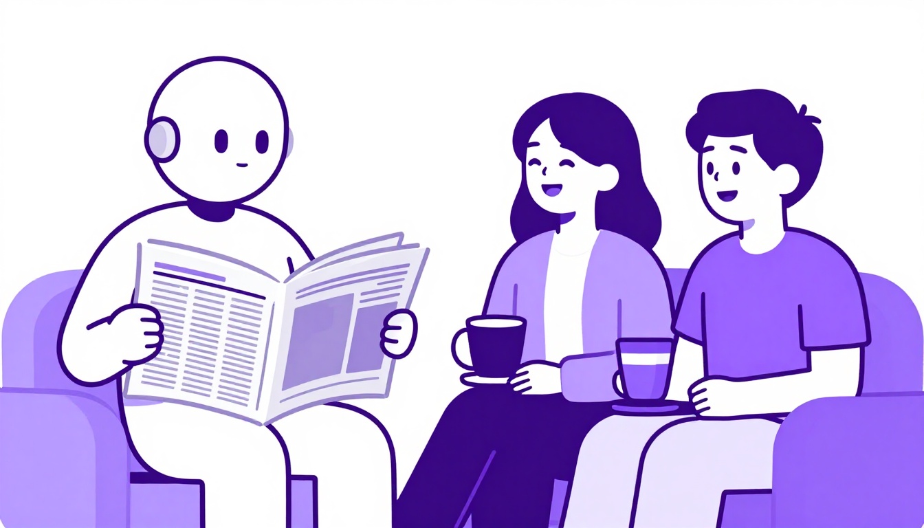 Um lado com uma figura rígida parecida com um robô ao lado de um jornal, e outro lado com dois amigos relaxados rindo tomando café