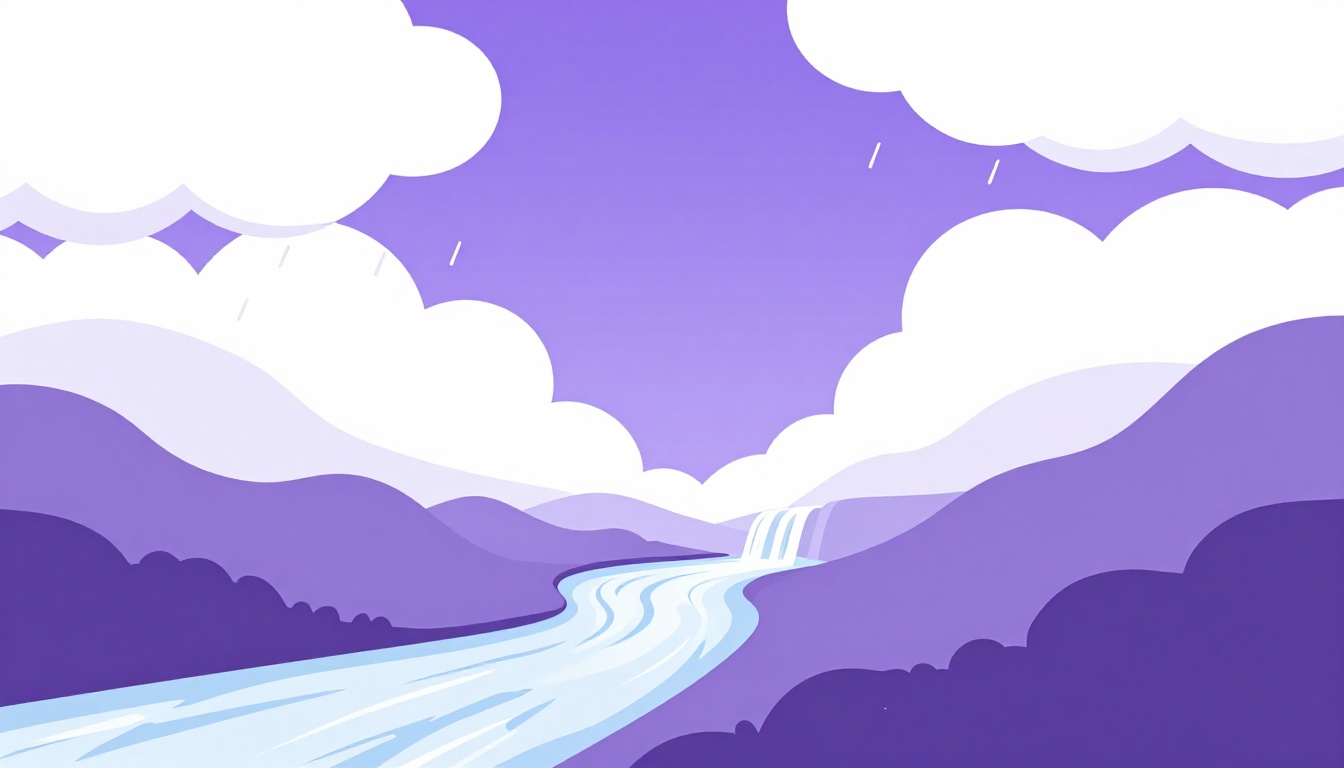 A river flowing from misty mountains past rain clouds into a waterfall and lake