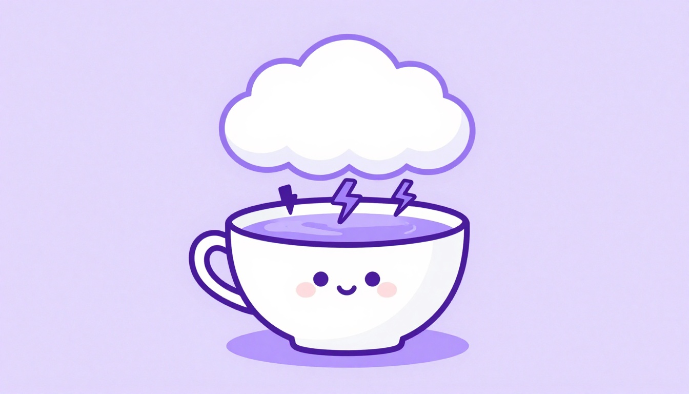 A teacup with a tiny storm cloud and lightning bolts swirling above it, illustrating the Portuguese idiom tempestade em copo d'água