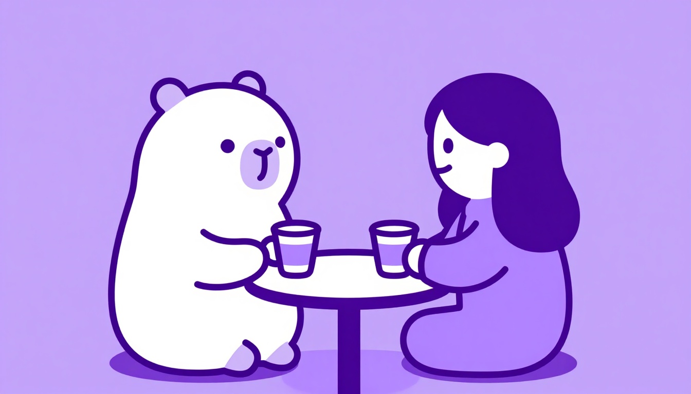 a capybara and a woman sitting across a small cafe table, two cups of coffee between them, mid conversation
