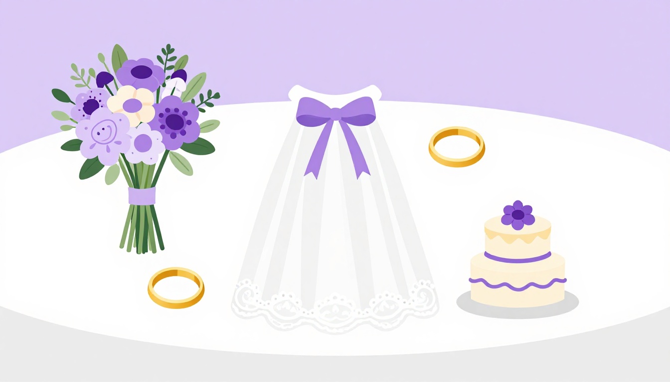 Wedding rings, bouquet, veil and cake laid out on a table, illustrating wedding in Portuguese vocabulary