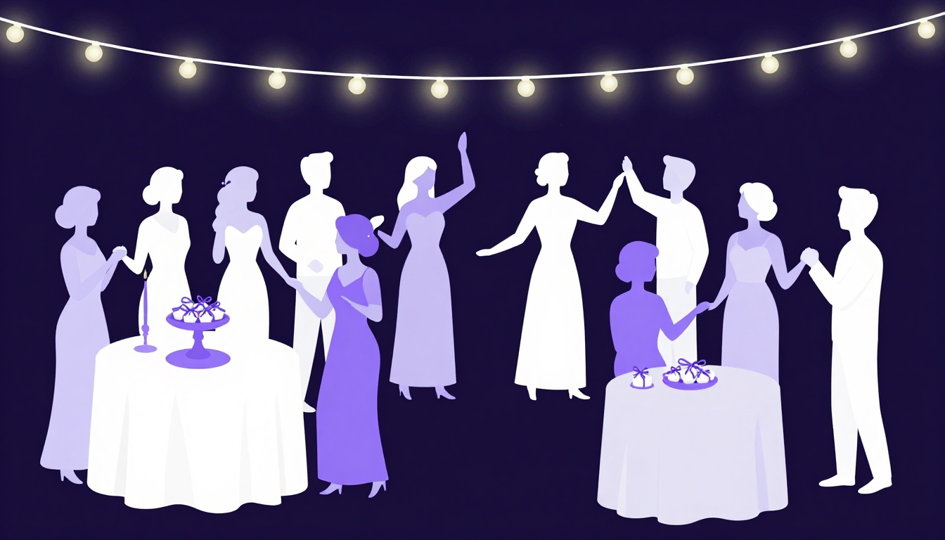 Brazilian wedding party at night with string lights and wrapped bem-casado sweets on a table