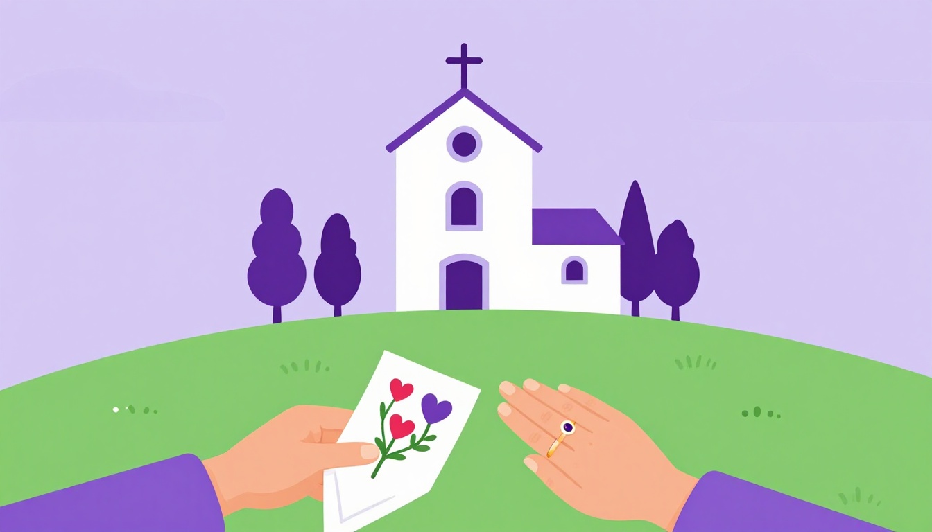 Small white church on a hill with hands holding a love handkerchief and a wedding ring, Portuguese wedding traditions