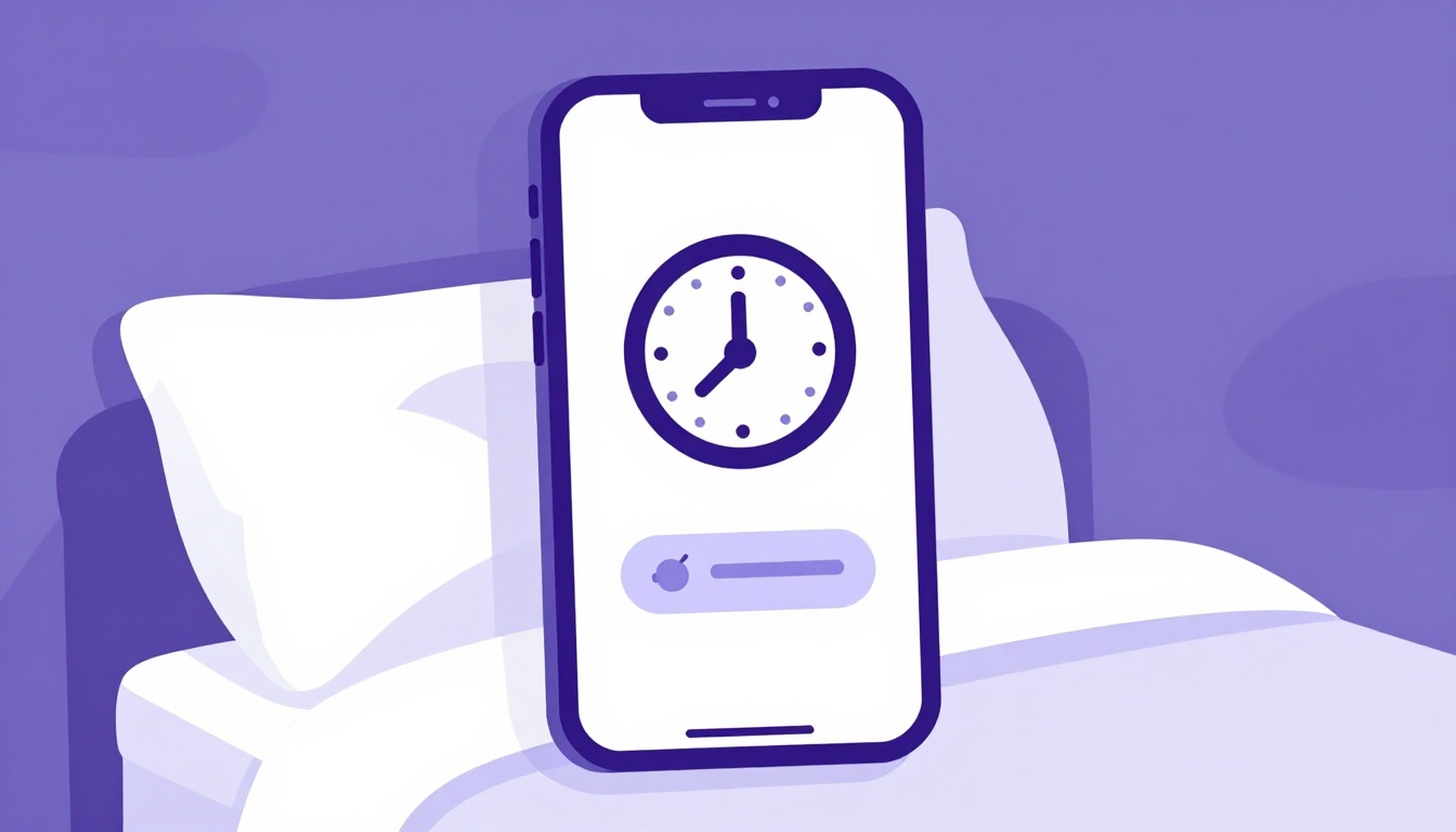 smartphone alarm clock app showing a set alarm time on a nightstand