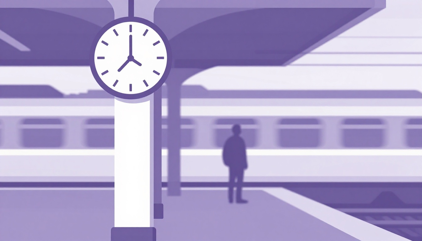 large clock mounted on a pillar at a train station platform with a train arriving