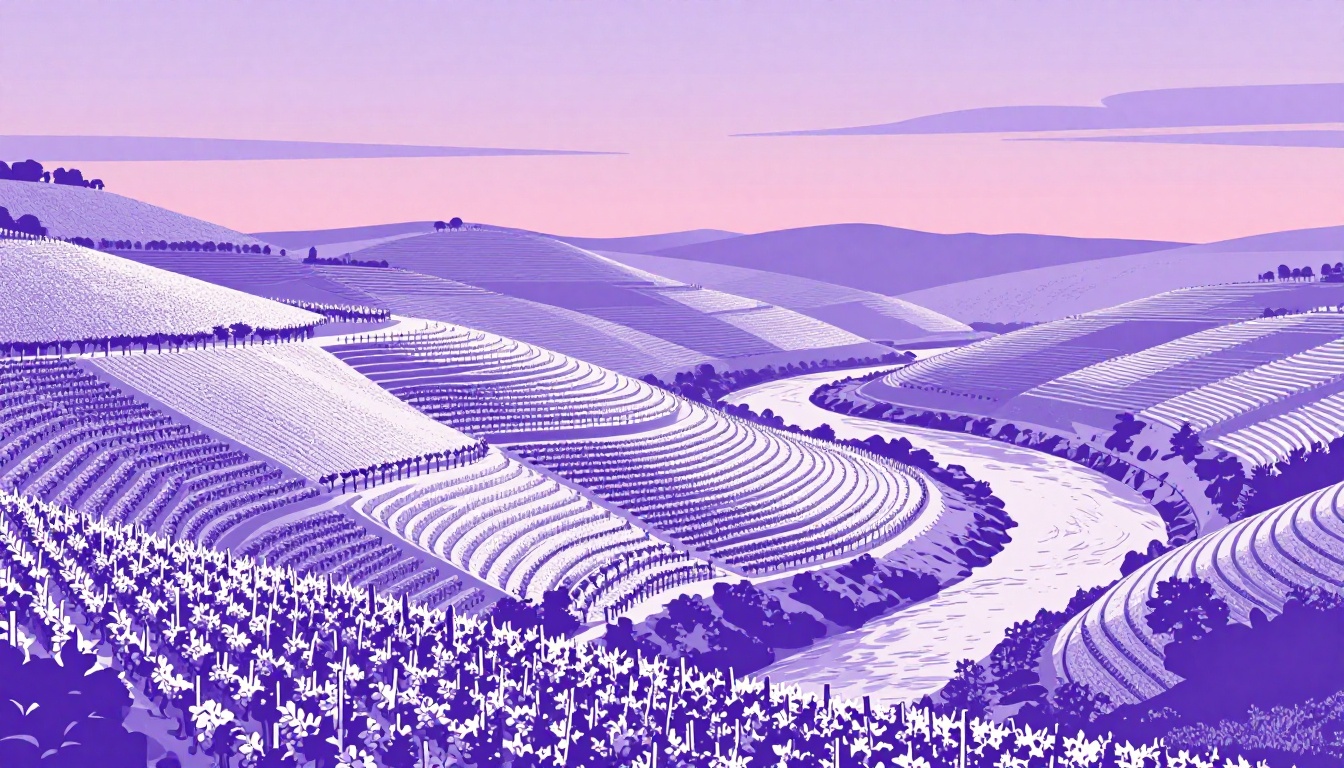 Terraced vineyard hills at sunset in the Douro river valley