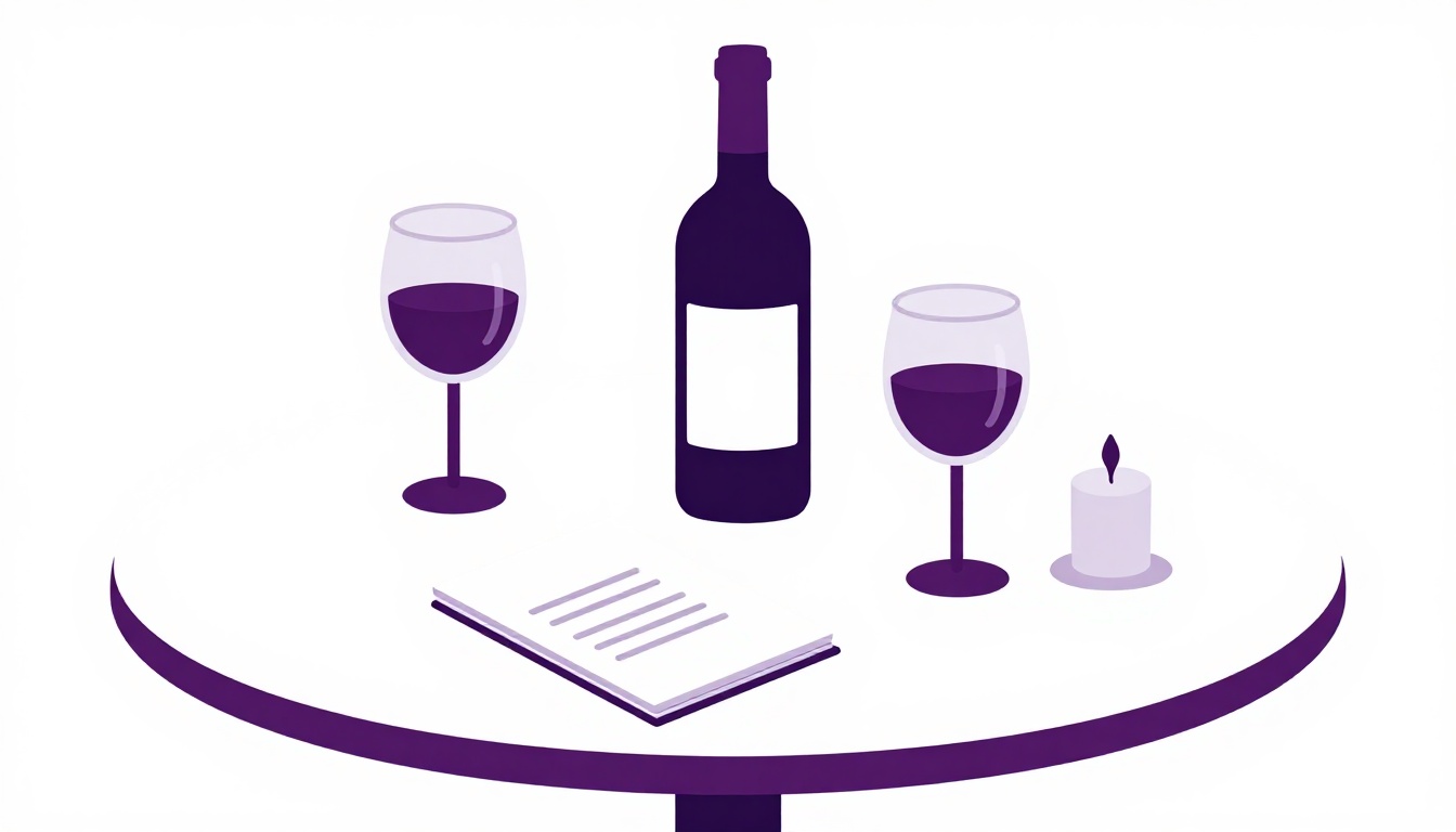 A wine bottle and two glasses on a restaurant table next to an open menu