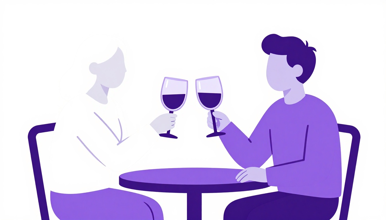 Two friends clinking wine glasses together across a table