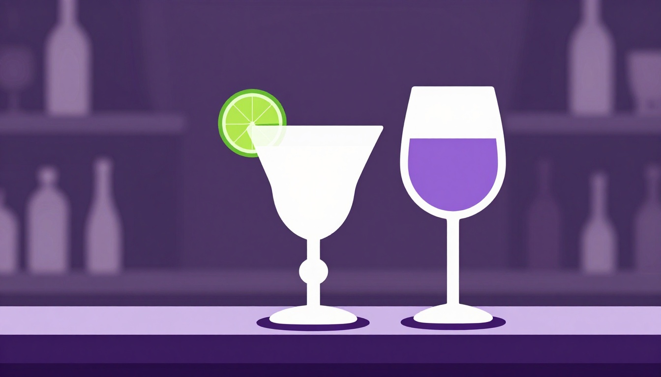 A caipirinha cocktail glass and a wine glass side by side on a bar counter