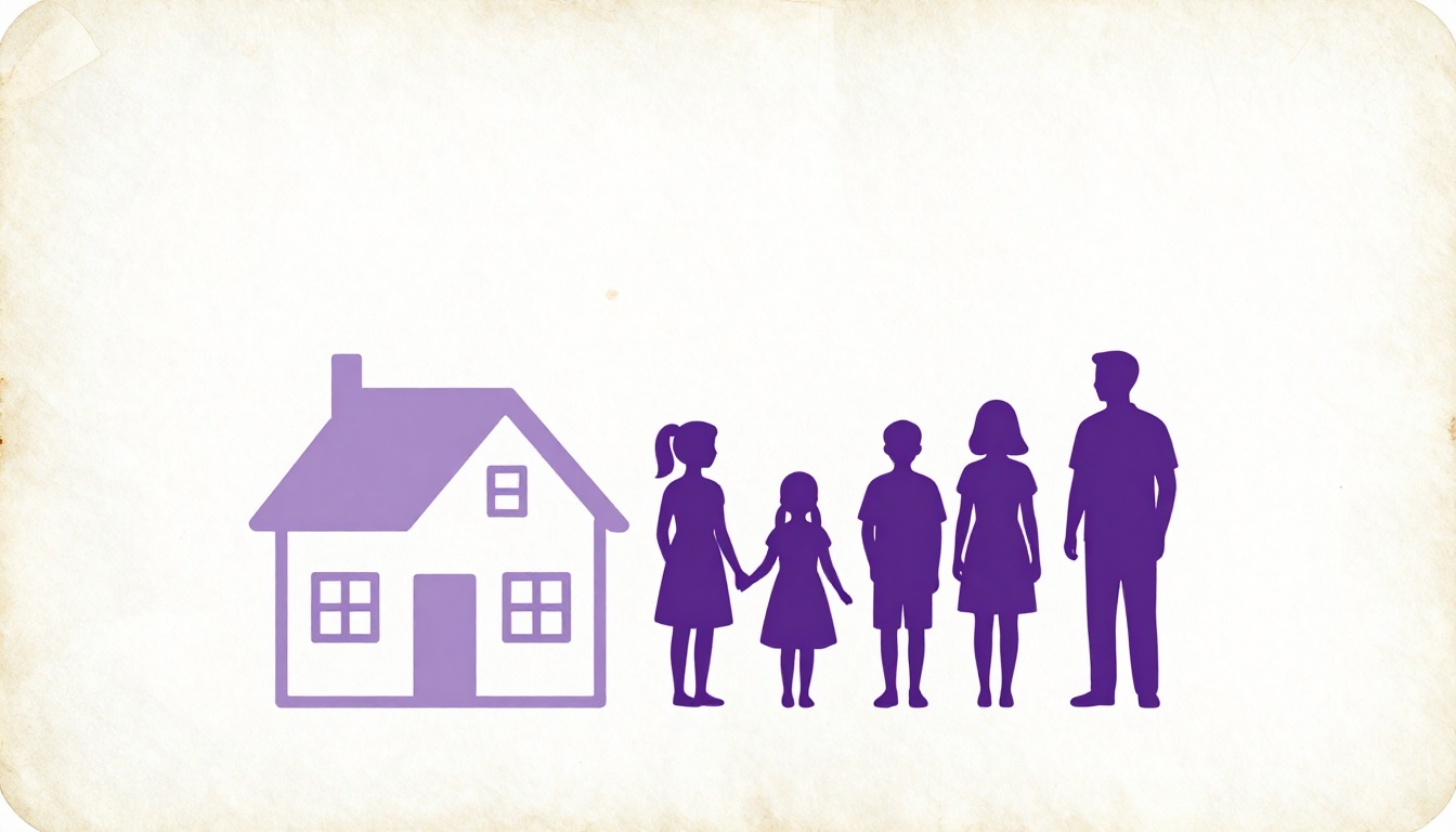A faded old photograph held between two fingers, showing a family standing in front of a house years earlier