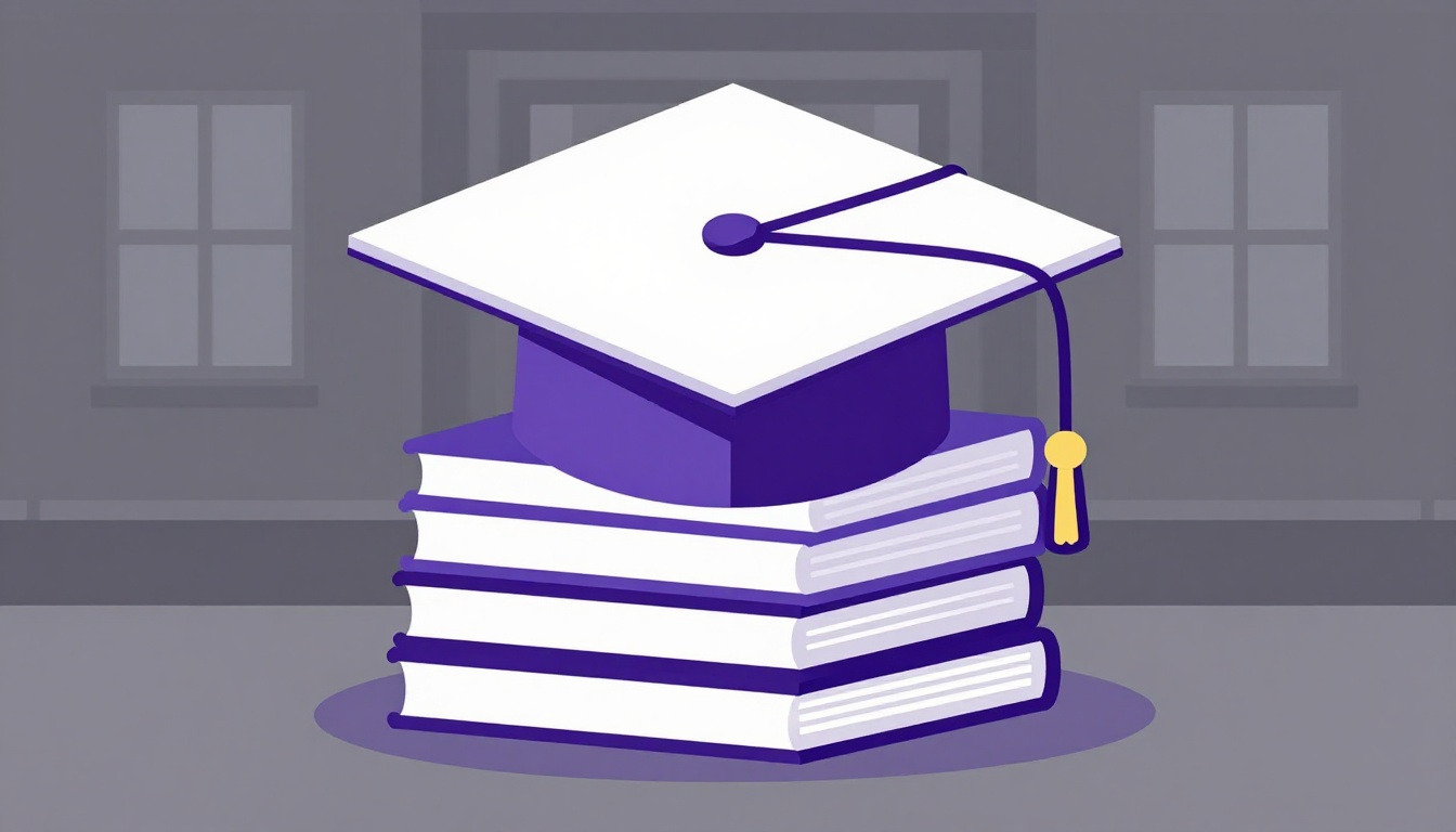 A graduation cap resting on a stack of old textbooks outside a university building