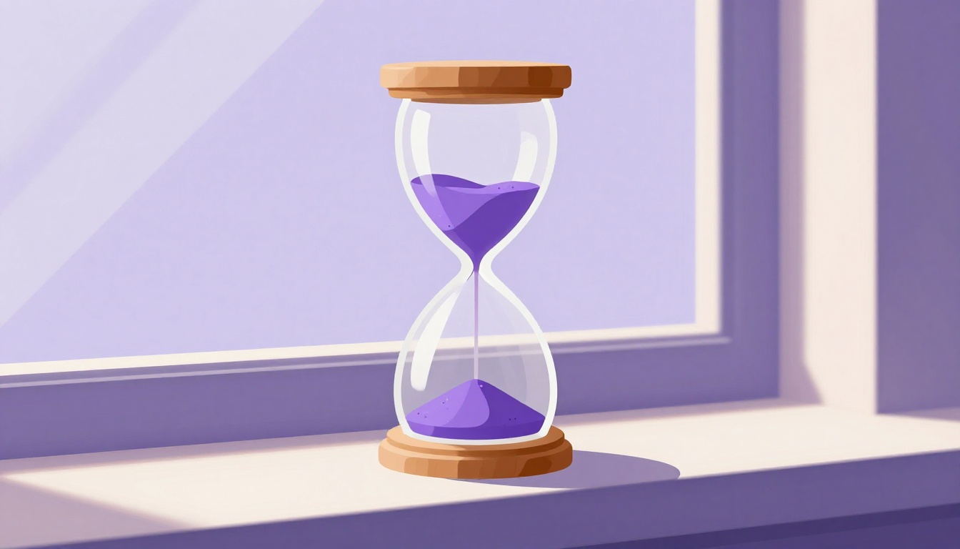 A wooden hourglass sitting on a windowsill with sand mid fall, soft afternoon light behind it