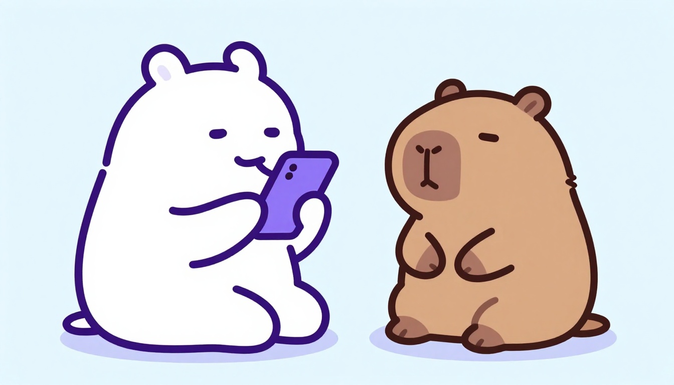A person speaking out loud into a phone with a friendly capybara character listening